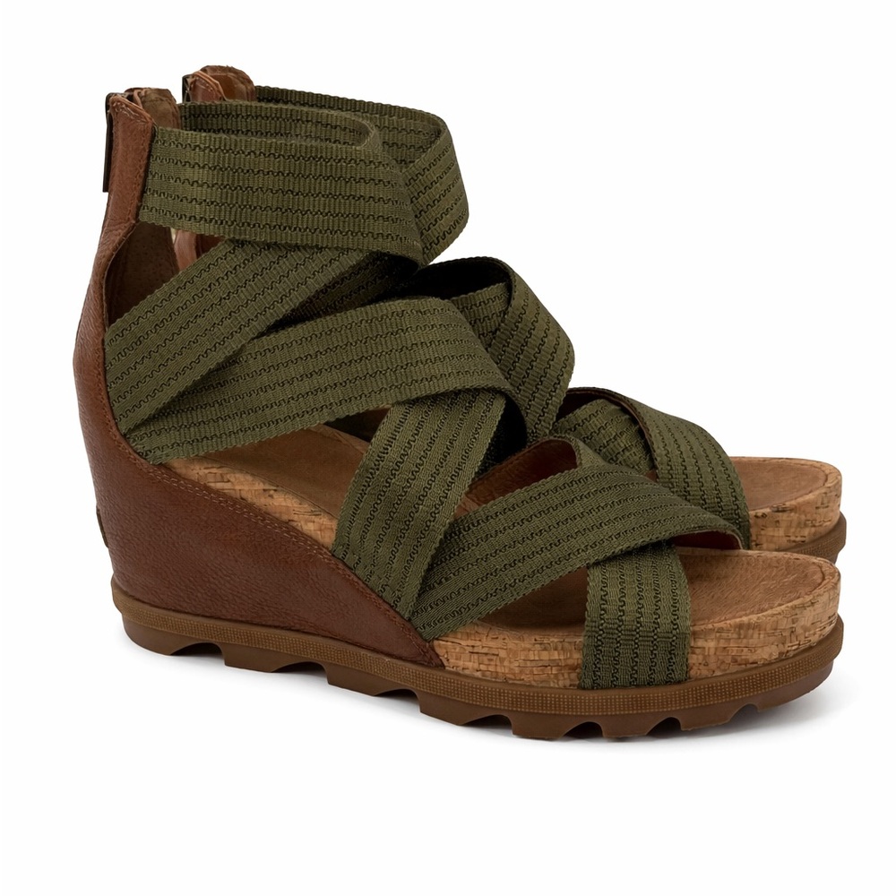 SOREL Joanie II Leather Modern Olive Green Wedge Heeled Sandal Stretch Straps - Picture 3 of 17